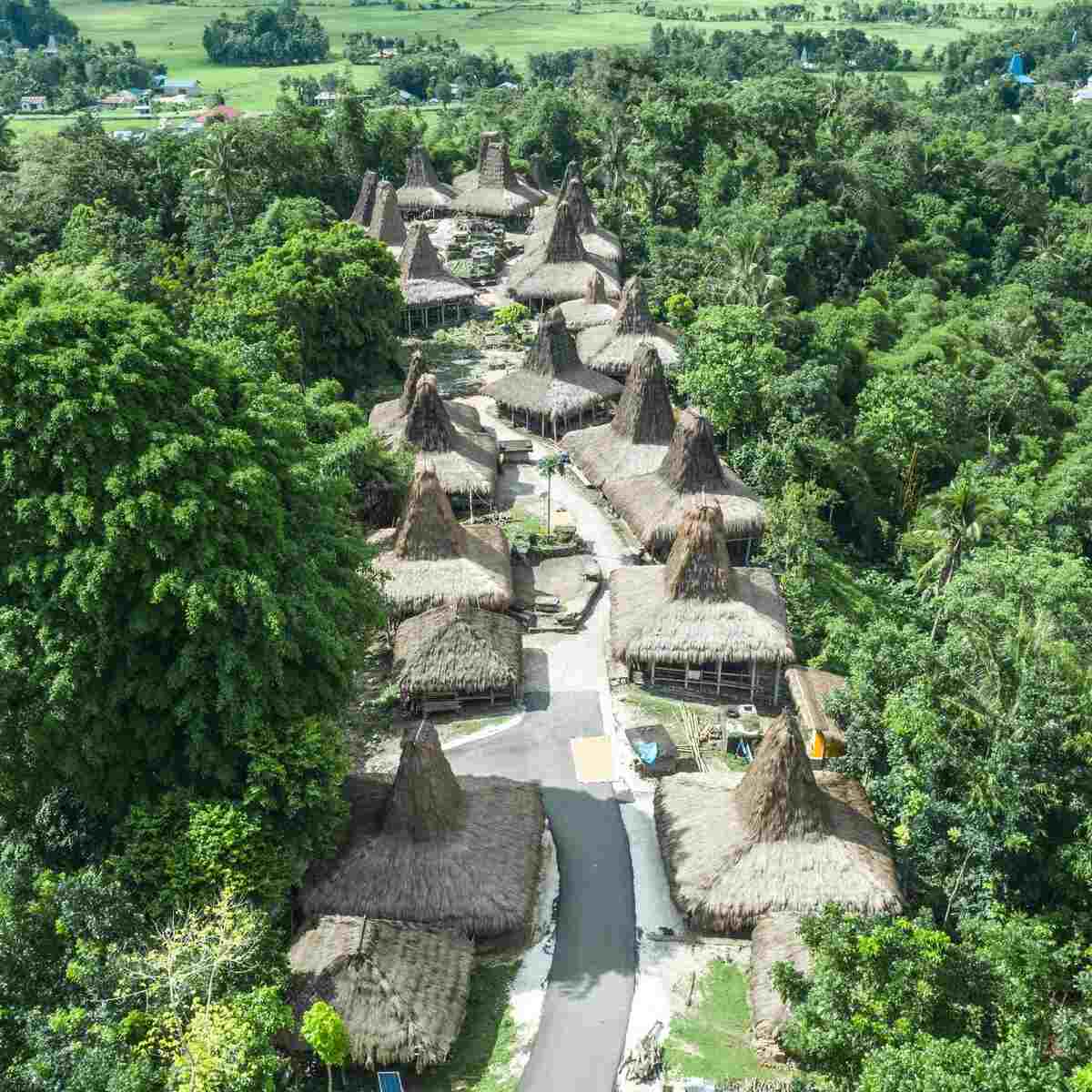 Thatched roofs of Prai Ijing traditional village seen from above