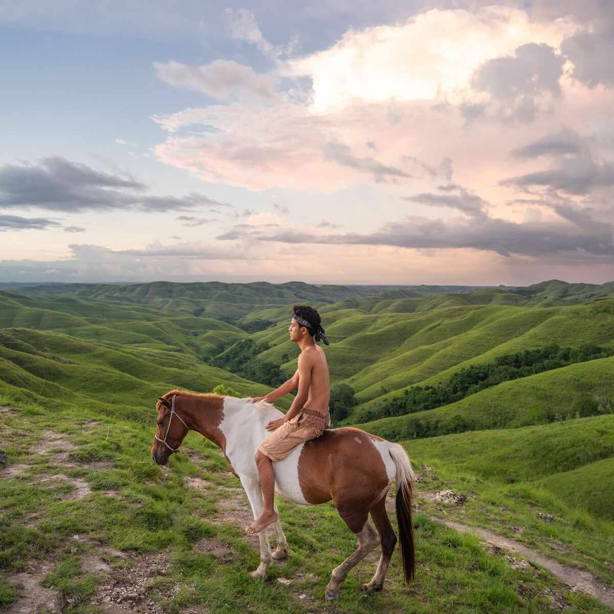 Rider on horseback across the green slopes of Warinding Hill
