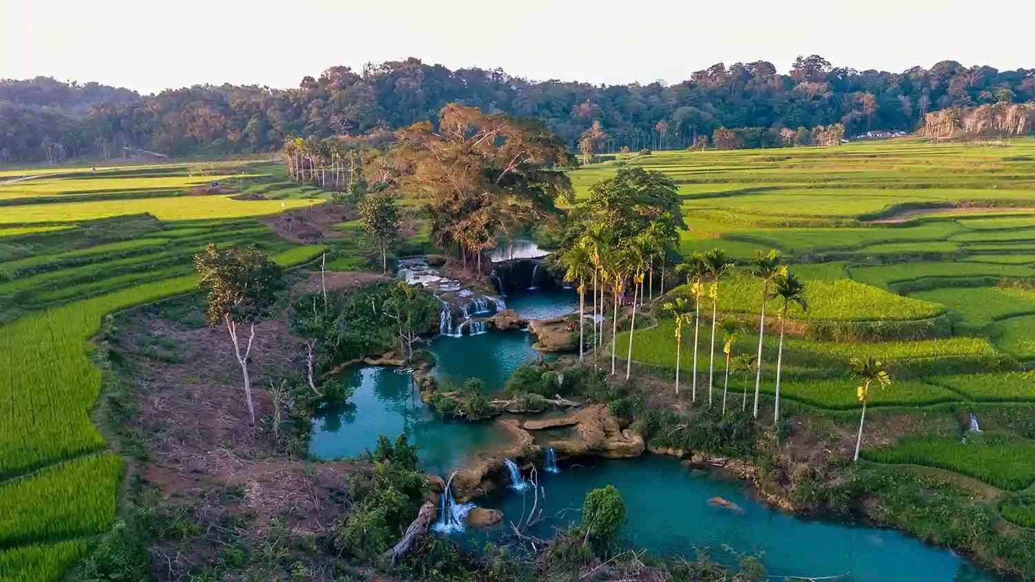 Weekacura Waterfall pools among rice fields seen from above